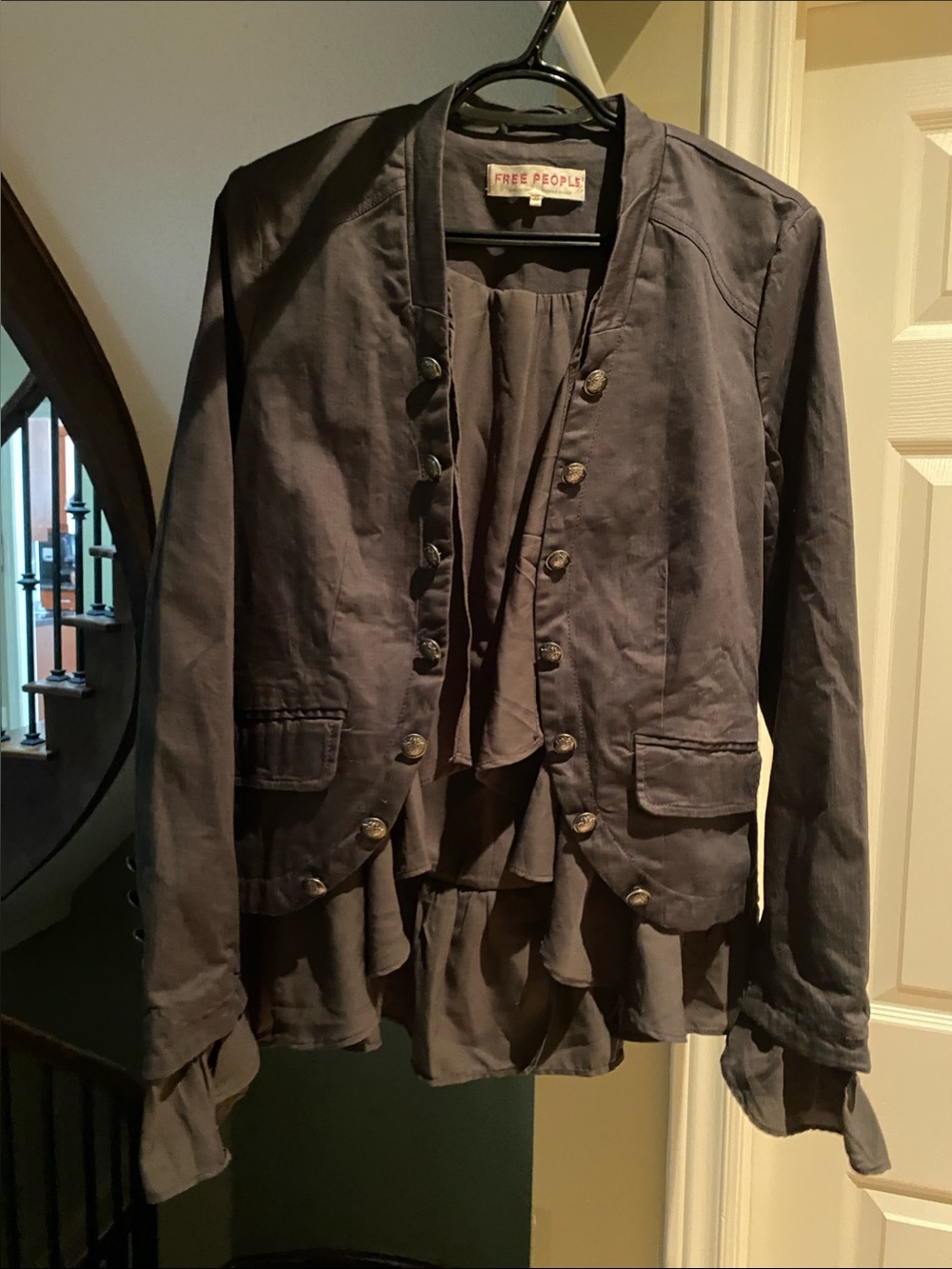 Free People Charcoal Ruffled Military-Style Blazer